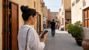 Traveller using a smartphone in Bahrain for bahrain short trip mobile data