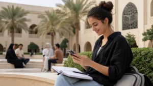 Traveller using a smartphone in Bahrain for bahrain student travel internet