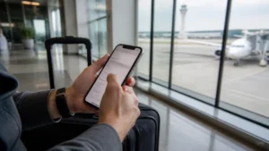 Traveller setting up an eSIM after arriving at Baku Airport