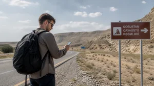 Traveller using mobile data on the road from Baku to Gobustan