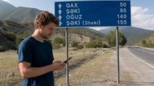 Traveller checking mobile coverage on the Baku to Sheki road