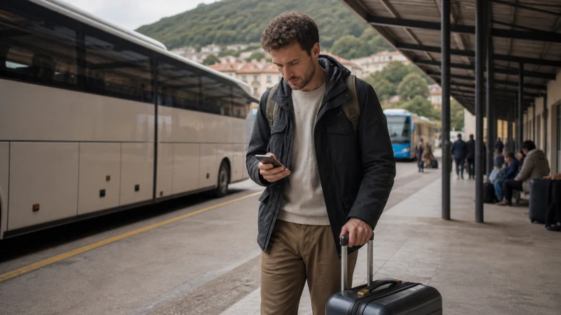 Traveller using a smartphone at a Balkan intercity bus station