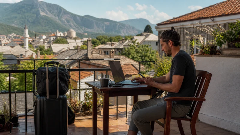 Long-stay traveller working with a laptop and smartphone on a Balkan terrace
