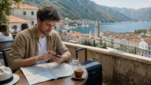 Traveller planning a seven-day Balkans trip with a smartphone and map