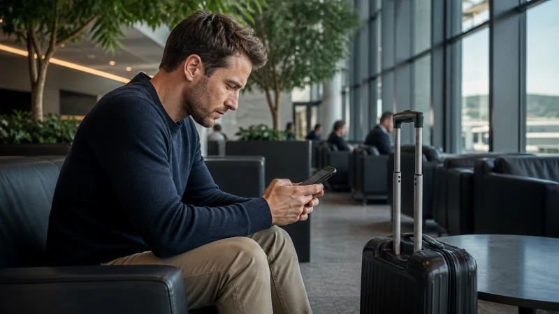 Traveller using a smartphone securely in a Balkan airport lounge