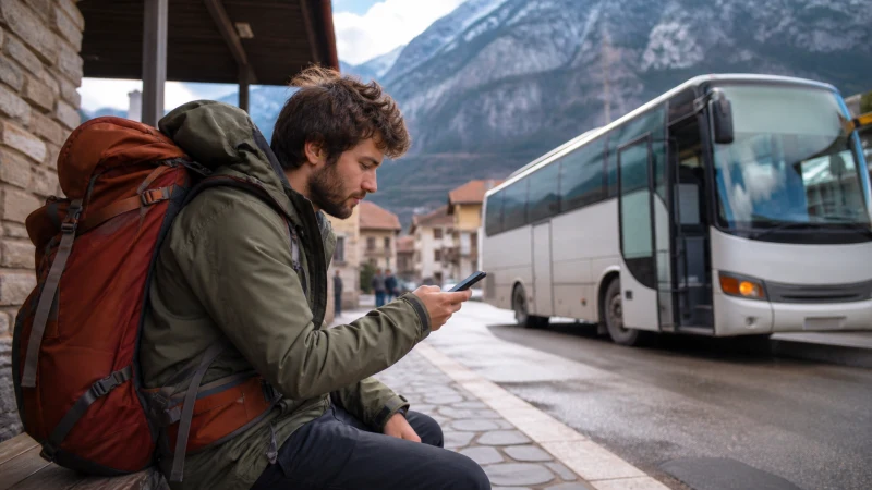 Backpacker using a smartphone while waiting for a regional bus.