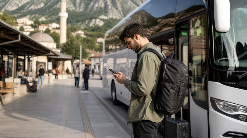 Traveller checking a smartphone beside a coach at a Balkan bus station.
