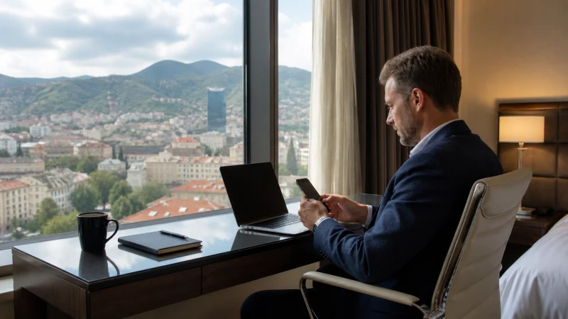 Business traveller using a smartphone at a hotel desk in the Balkans