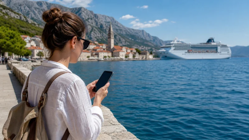 Cruise traveller checking a smartphone beside a Balkan port