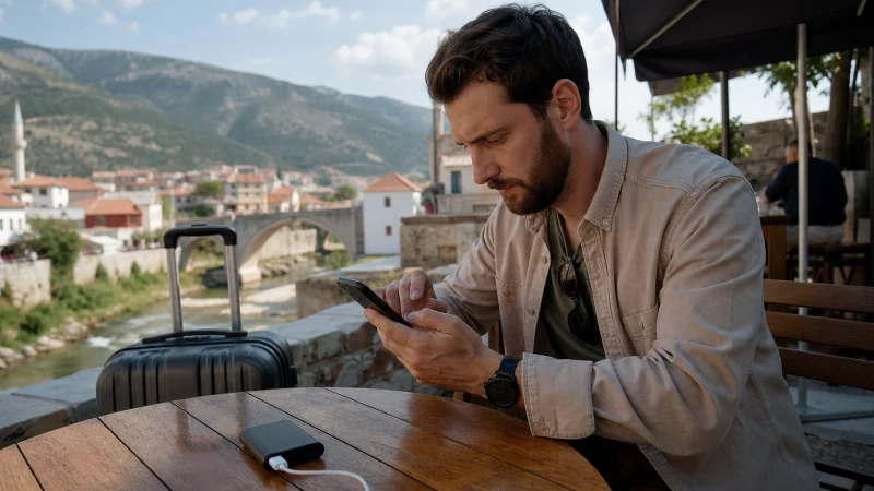 Traveller adjusting smartphone network settings at a Balkan old-town café.