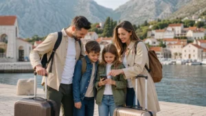 Family travellers using a smartphone on a Balkan waterfront