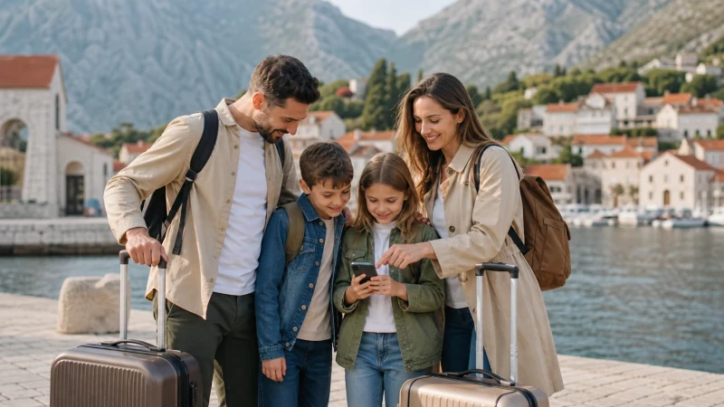 Family travellers using a smartphone on a Balkan waterfront