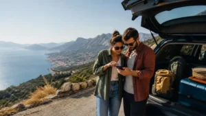 Travellers planning a Balkans road trip beside a loaded car.