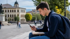 Student traveller using a smartphone in a Balkan town square