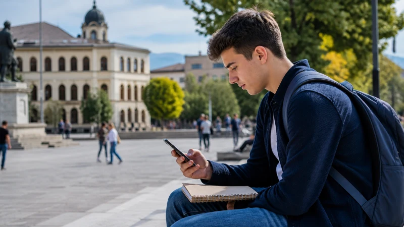 Student traveller using a smartphone in a Balkan town square