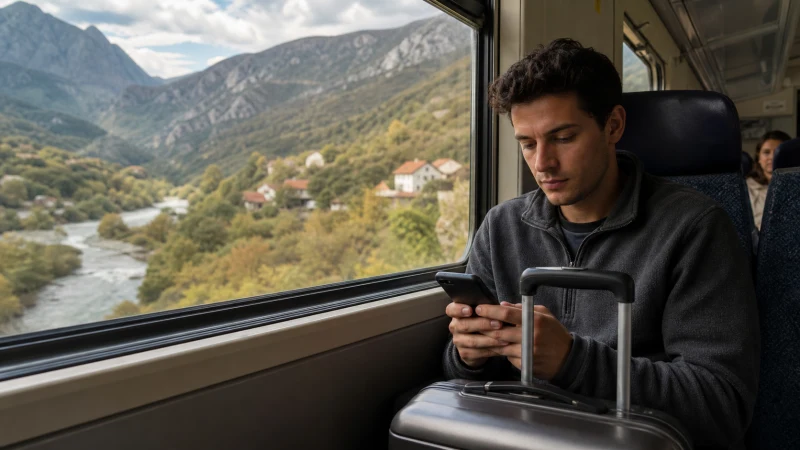 Traveller using a smartphone aboard a Balkan train through a mountain valley.