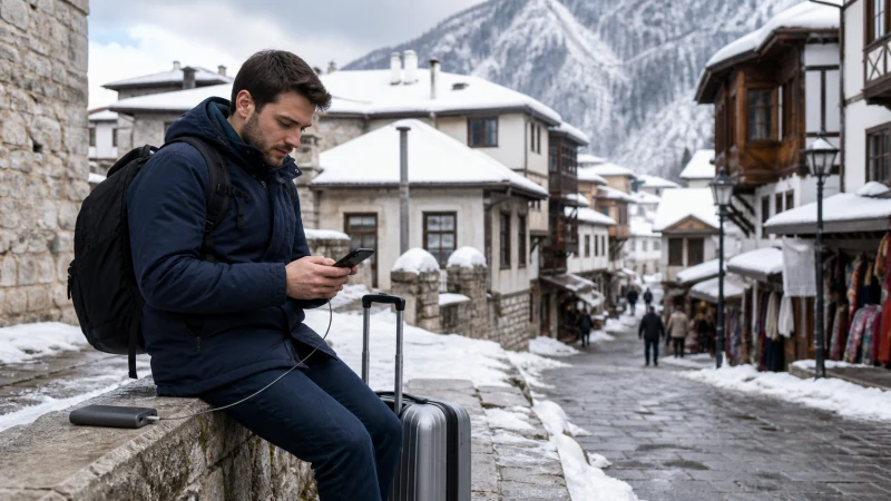 Winter traveller using a smartphone in a snowy Balkan mountain town