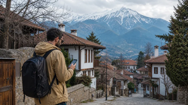Traveller checking a smartphone in Bansko with Pirin Mountains behind