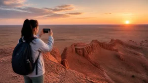 Traveller using a smartphone in Mongolia for bayanzag mobile internet