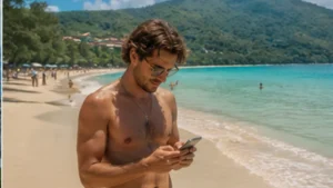 Traveller using a smartphone by Beau Vallon beach in Seychelles