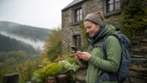 Traveller checking a smartphone during a journey through the Belgian Ardennes