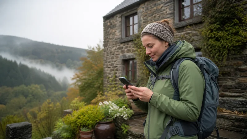 Traveller checking a smartphone during a journey through the Belgian Ardennes