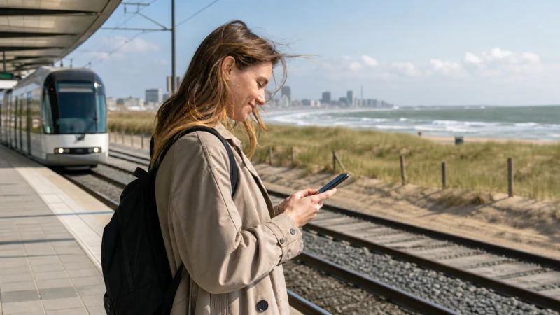 Traveller using a smartphone during a journey along the Belgian coast