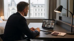 Traveller working with a laptop and smartphone in Belgium