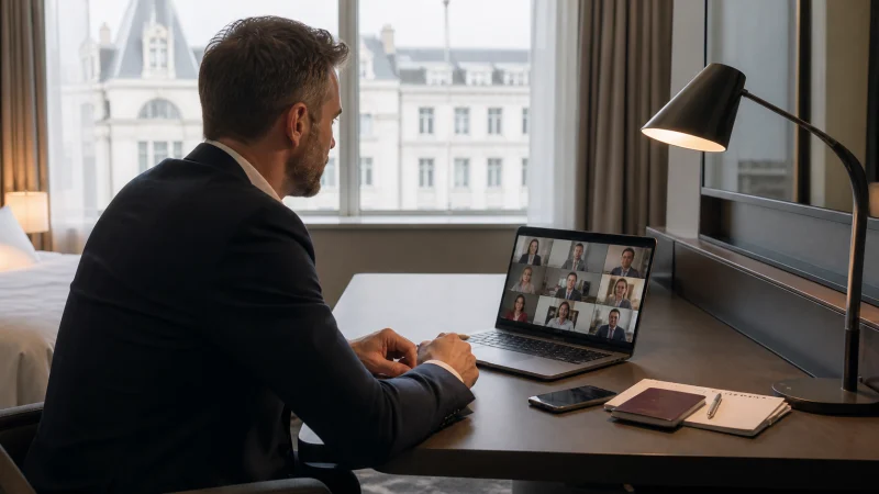 Traveller working with a laptop and smartphone in Belgium