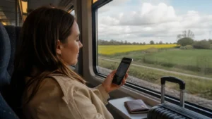 Traveller using a smartphone during a trip in Belgium