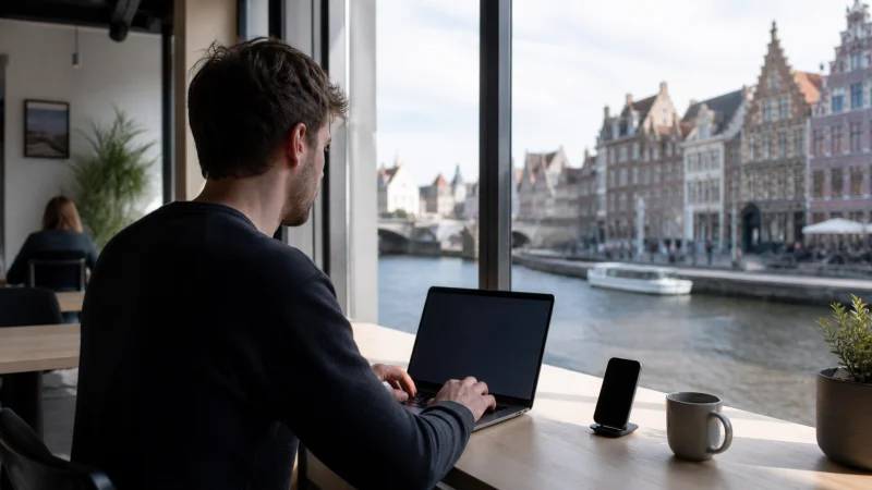 Traveller working with a laptop and smartphone in Belgium