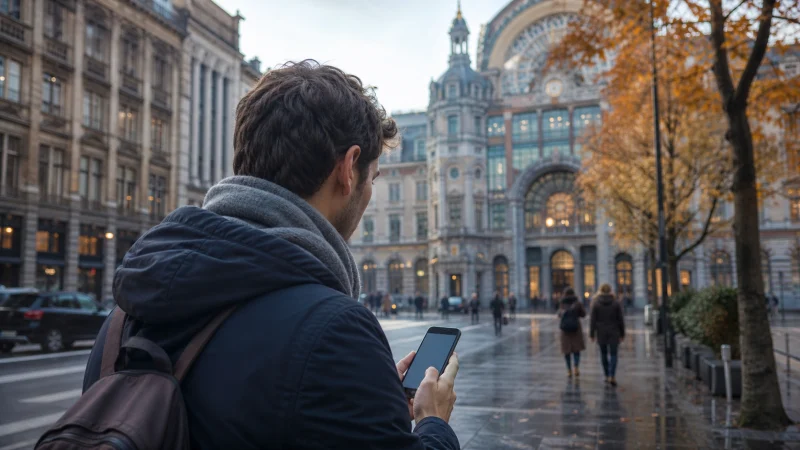 Traveller using a smartphone during a trip in Belgium