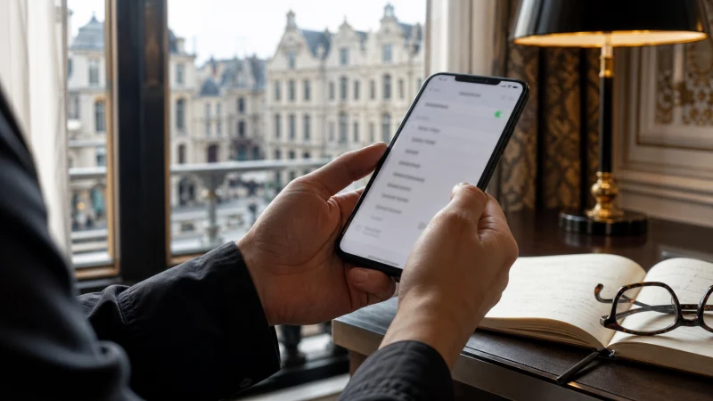 Traveller using a smartphone during a trip in Belgium