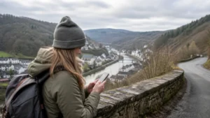 Traveller using a smartphone during a trip in Belgium