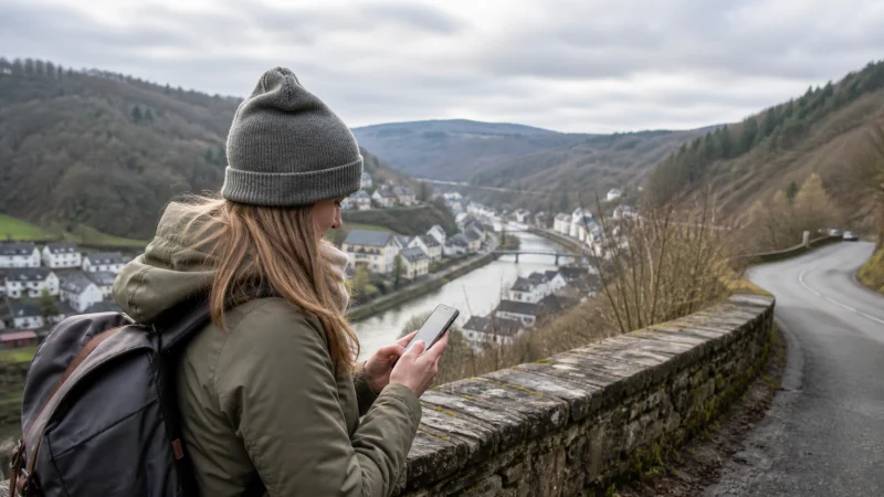 Traveller using a smartphone during a trip in Belgium