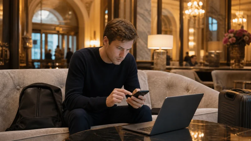 Traveller using a smartphone during a trip in Belgium