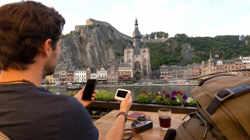 Traveller using a smartphone during a trip in Belgium