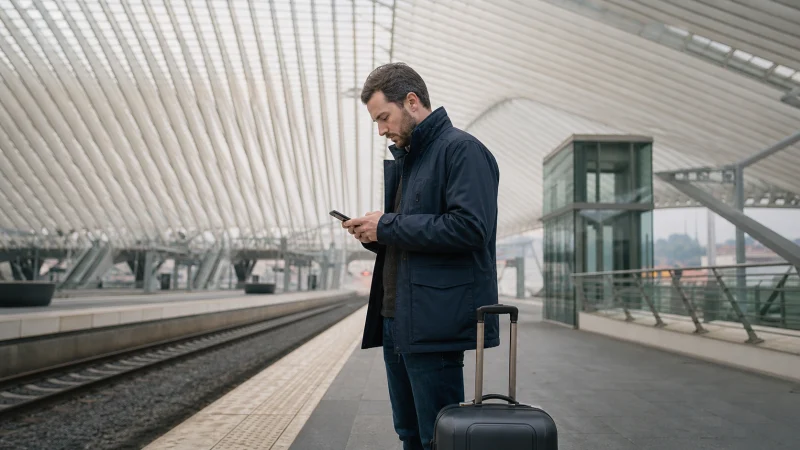 Traveller using a smartphone during a trip in Belgium