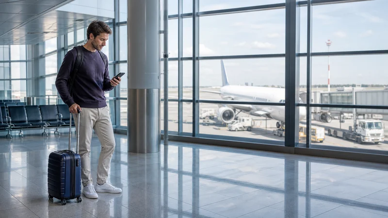 Traveller using a smartphone during belgrade airport wifi and mobile internet guide in Serbia.