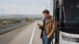 Traveller using a smartphone during belgrade to niš mobile internet in Serbia.