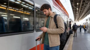 Traveller using a smartphone during belgrade to novi sad mobile internet in Serbia.