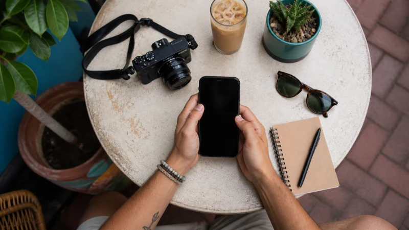 Traveller organizing an Aruba day trip with a smartphone