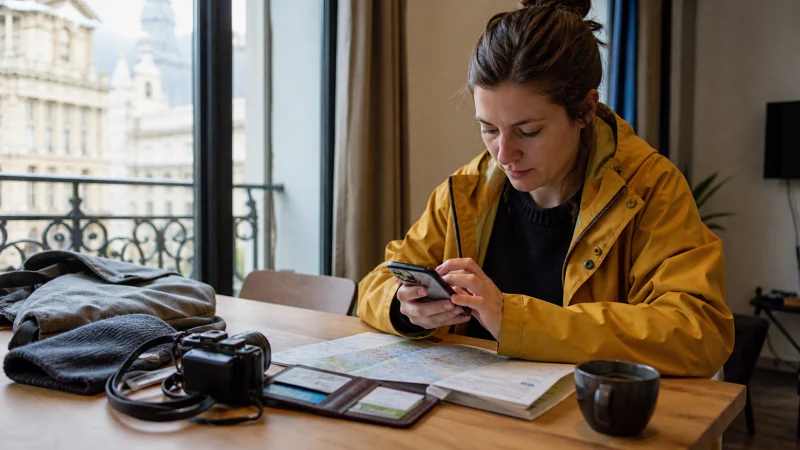 Traveller using a smartphone during a trip in Belgium