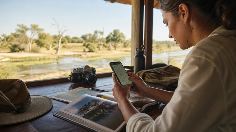 Traveller preparing maps and bookings on smartphone.