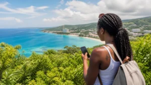 Traveller using a smartphone in Jamaica while preparing useful apps for Jamaica