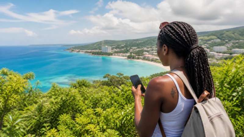 Traveller using a smartphone in Jamaica while preparing useful apps for Jamaica
