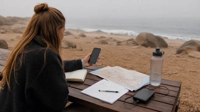 Traveller using a smartphone in Namibia while preparing useful apps for Namibia