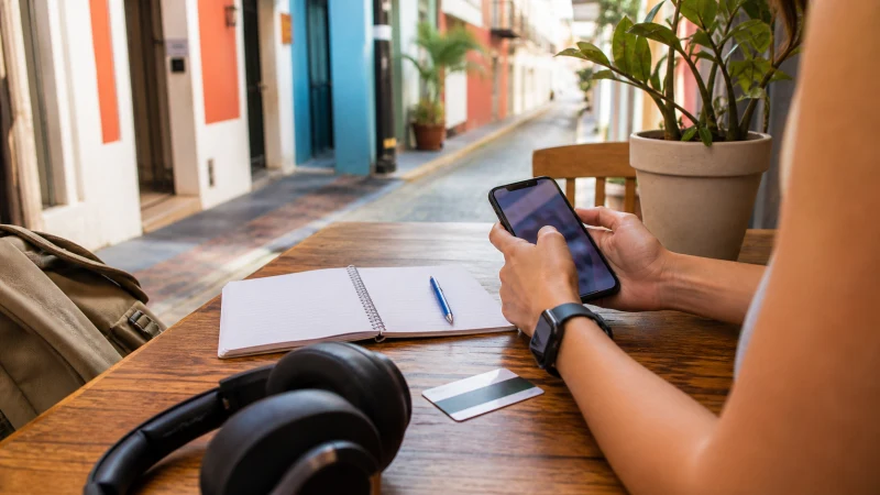 Traveller using a smartphone in Puerto Rico while preparing useful apps for Puerto Rico