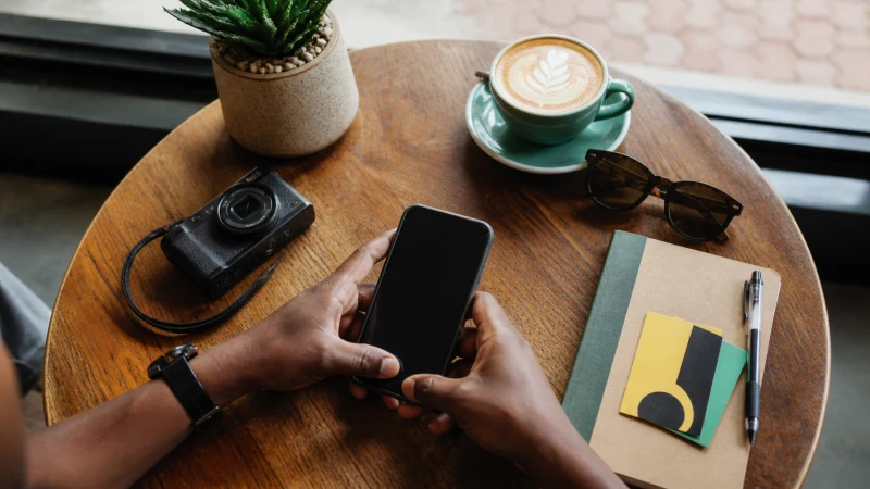 Traveller exploring mobile apps at a cafe in Rwanda