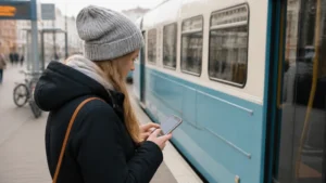 Traveller using a smartphone while preparing for useful apps for travelling in sweden